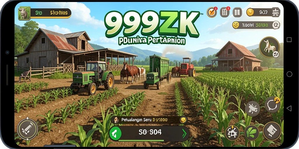 Screenshot utama gameplay 999ZK yang menunjukkan aktivitas bertani.