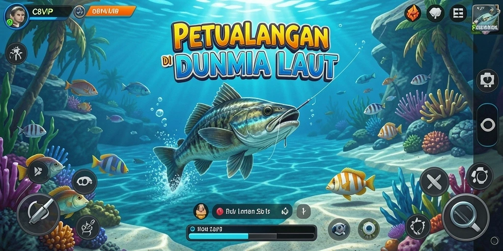 Screenshot gameplay C8VIP menampilkan aksi seru memancing di laut.