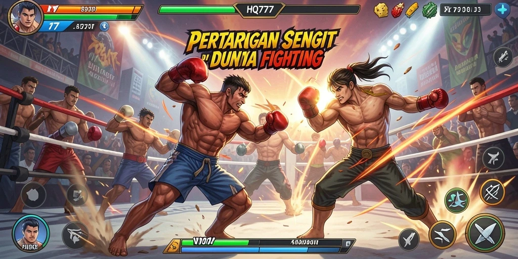 Tampilan gameplay HQ777 dengan karakter bertarung di arena.