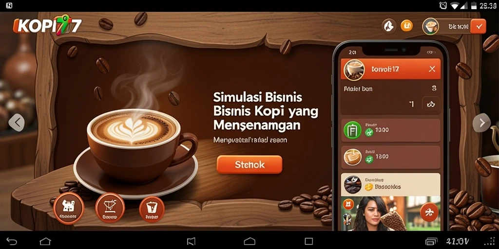 Screenshot gameplay KOPI77 menampilkan kafe yang ramai dan berwarna-warni.