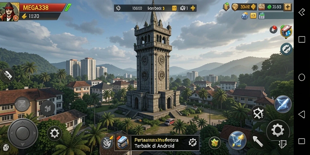 Screenshot gameplay MEGA338 menampilkan aksi pertahanan menara yang mendebarkan.