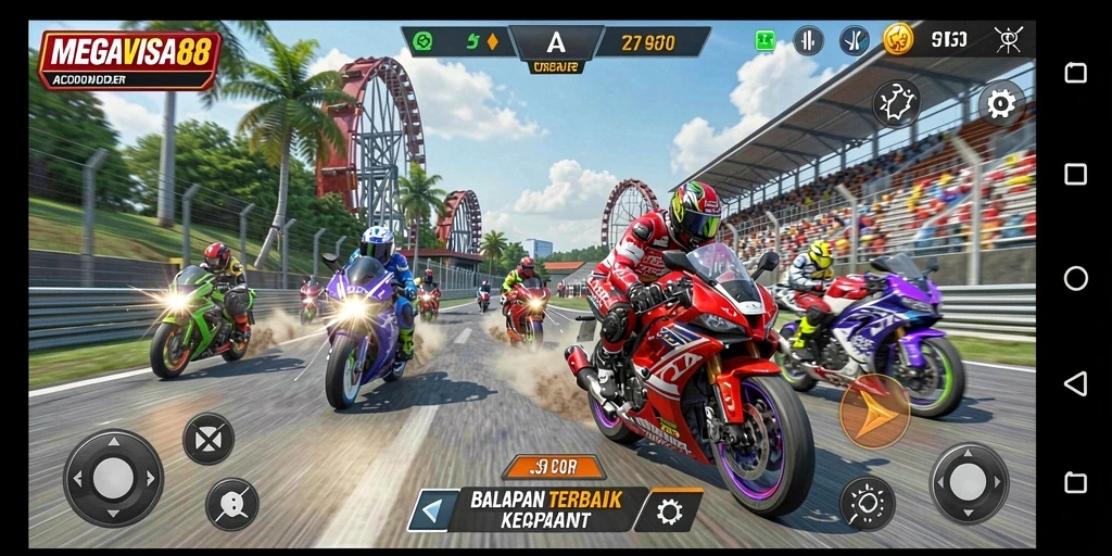 Screenshot utama MEGAVISA88 menampilkan aksi balapan motor yang mendebarkan.