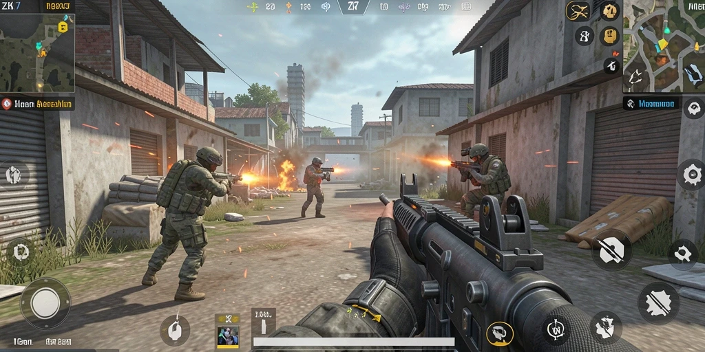 Tampilan gameplay ZK7 yang menegangkan dalam mode FPS.